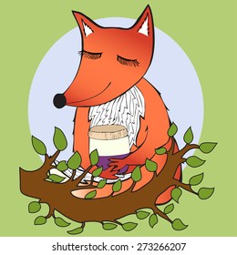 Cute cartoon fox  sitting down with jar. Sitting near the branch. Vector illustration.