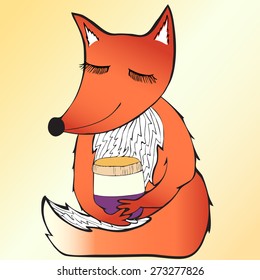 Cute cartoon fox  sitting down with jar