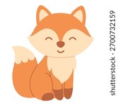 Cute cartoon fox sitting happily. Cozy autumn animal simple illustration symbolizing warmth, nature and woodland charm in fall season design. Flat vector. Hand drawn. Isolated background.