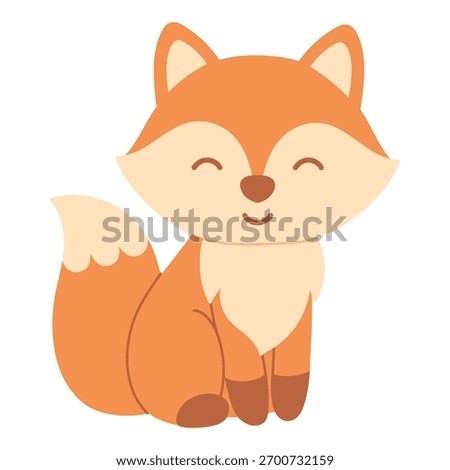 Cute cartoon fox sitting happily. Cozy autumn animal simple illustration symbolizing warmth, nature and woodland charm in fall season design. Flat vector. Hand drawn. Isolated background.