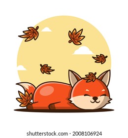 Cute Cartoon Fox Sleeping in Autumn Vector Illustrations. Autumn Day Icon Concept