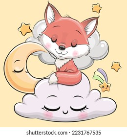Cute Cartoon Fox is sleeping a on the Cloud