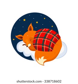 Cute Cartoon Fox Sleeping on a Cloud, Covered with Blanket. Colourful Vector Illustration