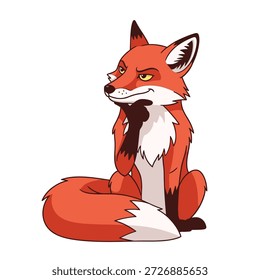 Cute cartoon fox with sly expression sitting on ground