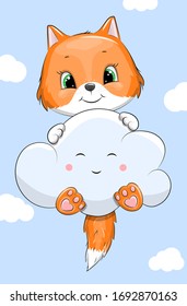 Cute cartoon fox with smiling cloud are flying in the sky. Vector illustration od an animal on the blue background with clouds.
