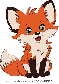 Lindos desenhos animados raposa sorrindo, sentado com cauda macia e olhos grandes. Vetor animal da floresta do bebê para desenhos de crianças, adesivos, impressões de berçário e ilustrações de crianças. Arquivo EPS incluído.