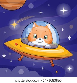 Lindo zorro de dibujos animados en una nave espacial. Ilustración vectorial de un animal en el espacio sobre un fondo azul con estrellas y un planeta.