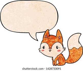 cute cartoon fox with speech bubble in retro texture style