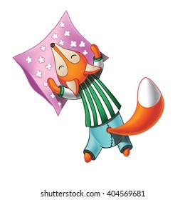 Cute cartoon fox in striped pajamas sleeping on the pillow. Isolated on white background