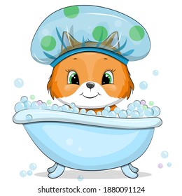 Cute cartoon fox taking a bath with bubbles. Vector illustration of animal isolated on white.