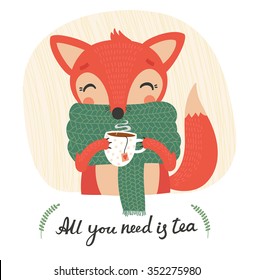 Cute Cartoon Fox With  Tea