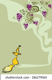 Cute cartoon fox tempted by the grape. Depiction of the famous fable for the fox and the grape. Separate layers for grapes and background.