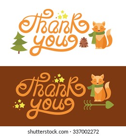Cute cartoon fox with tree, stars, bump. Vector illustration. Kids forest animal. Thank you banner.