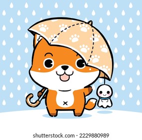 Cute Cartoon Fox with an Umbrella for a Walk in Rain. Teru Teru Bozu, Japanese rain doll.
