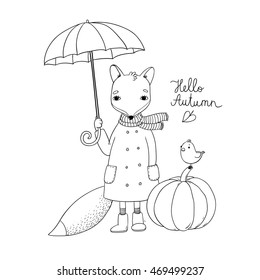 Cute cartoon fox under an umbrella and a small bird on a pumpkin. Autumn theme. 
Hand drawing isolated objects on white background. Vector illustration. 
Coloring book