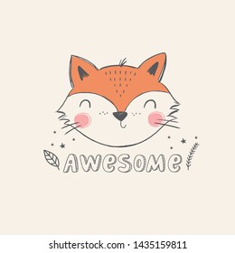 Cute cartoon fox vector illustation. Vecttor print with wild hand drawn fox and lettring be brave