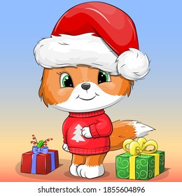 Cute cartoon fox in warm sweater and Santa hat. Christmas vector illustration with animal and gifts.