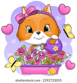 Cute cartoon fox watering flowers. Vector illustration of an animal on a purple background with butterflies and hearts.