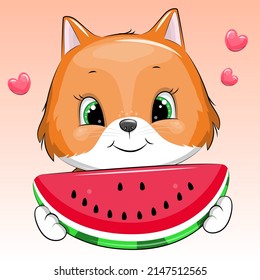Cute cartoon fox with watermelon. Vector illustration of an animal with fruits.