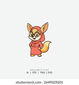 Cute Cartoon Fox Wearing Glasses and Hijab, Adorable Nerdy Fox Illustration with Spectacles and Headscarf
