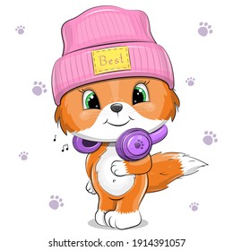 Cute cartoon fox wearing a hat and purple headphones. Vector illustration of an animal on a white background with paws.