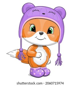 Cute cartoon fox wearing a lilac bear hat and boots. Vector illustration of an animal on a white background.