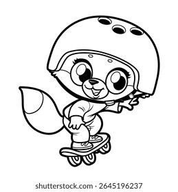 Cute cartoon fox wearing a protective helmet, riding a skateboard outlined for coloring page on white background