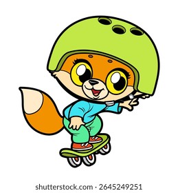 Cute cartoon fox wearing a protective helmet, riding a skateboard on white background