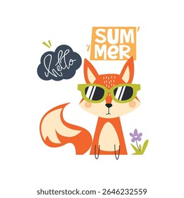 Cute cartoon fox wearing sunglasses on summer time vector illustration for textile, clothing, kindergarten background, kids poster decoration, book cover, apparel and others
