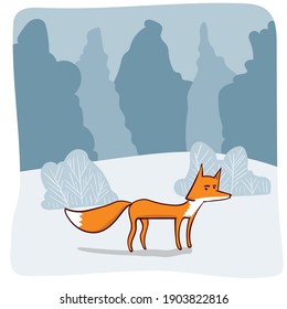 Cute cartoon fox in the winter forest. Hand drawn vector.