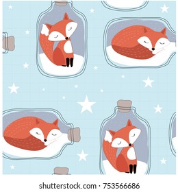 Cute cartoon fox wolf in bottle and star,lovely character smile and satisfied, happy seamless pattern,baby shower theme by hand draw doodle comic style,wildlife animal set vector design illustration