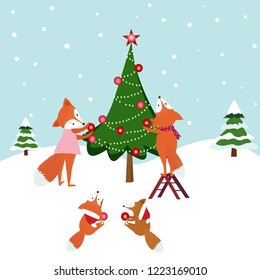 cute cartoon fox wolf  family decorating Christmas tree,with backgroud of snow and bright blue sky,illustration vector comic art  for any card.

