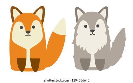 Cute cartoon fox and wolf. Forest animals. Vector illustration.