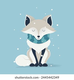 A cute cartoon fox wrapped in a scarf sits peacefully against a backdrop of falling snowflakes. 