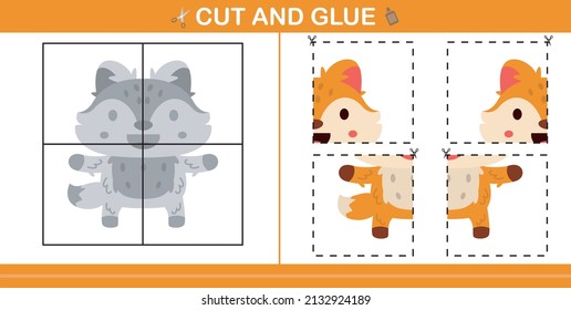 cute cartoon fox.education paper game for kindergarten and preschool.cut and glue game for kids