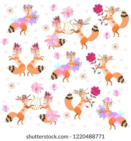 Cute cartoon foxes dancing isolated on white background in vector. Beautiful collection.