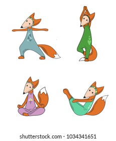  Cute cartoon foxes doing yoga poses. 4 funny animals dressed in overalls on white background.