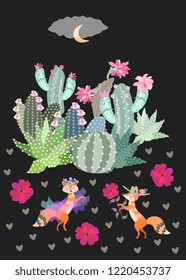 Cute cartoon foxes in love. Thickets of flowering cacti on a black background. Happy Valentine's Day.