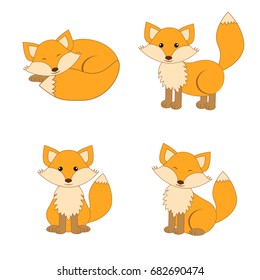 Cute cartoon foxes set. Forest animals in different poses. Wildlife vector isolated graphic. Flat stile.