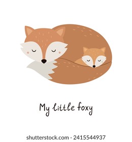 Cute cartoon foxes are sleeping. Hand drawn children's poster. Animals mother and baby. Vector illustration in flat style