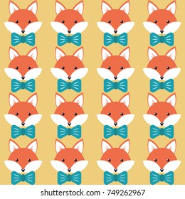 Cute cartoon foxes, Vector seamless pattern with foxes faces and bow-ties