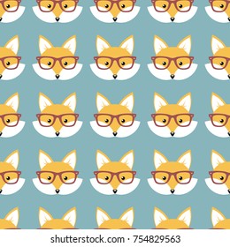 Cute cartoon foxes, Vector seamless pattern with foxes faces in glasses