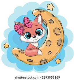 Cute Cartoon Foxwith bow is sitting on the moon