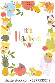 Cute Cartoon Frame with Animals with Fruits and Vegetables