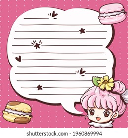 Cute cartoon frame. Cartoon girl character and macaron pattern. There is a space for taking notes or messages. Kawaii style design. This design can decoration for print or digital media.