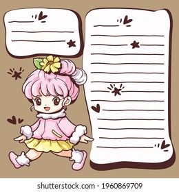 Cute cartoon frame. Cute little girl frame. There is a space on the side and top for taking notes or writing down messages. Kawaii style design. This design can decoration for print or digital media.
