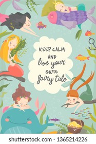 Cute cartoon frame with little mermaids. Under the sea