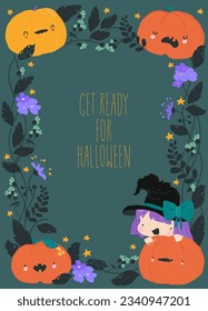 Cute Cartoon Frame with Little Witch, Pumpkins and Plants