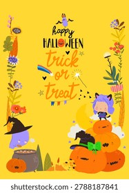 Cute Cartoon Frame with Little Witch standing on Heap of Halloween Pumpkins. Vector Illustration