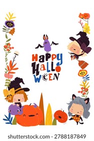Cute Cartoon Frame with Little Witch, Pumpkins and Plants. Vector Illustration